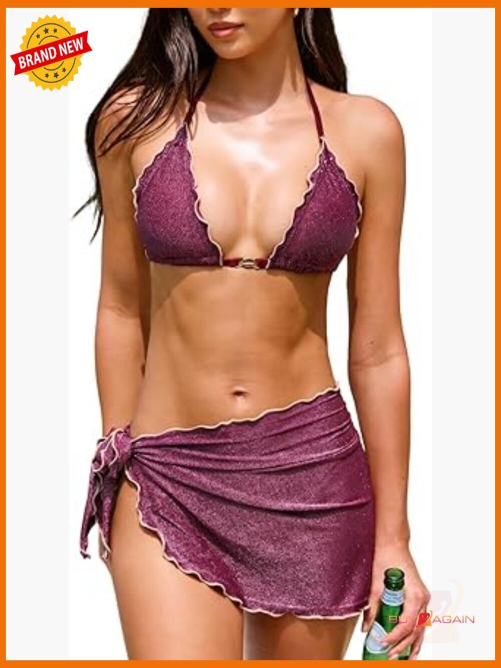 Three Piece Bikini Set V Neck Halter Self Tie Merrow Sarong Shiny Bathing Suit